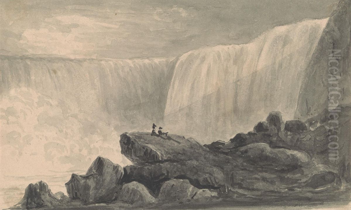 View of Niagara Falls with Two Figures Sitting on a Rock Center Foreground Oil Painting by Isaac Weld