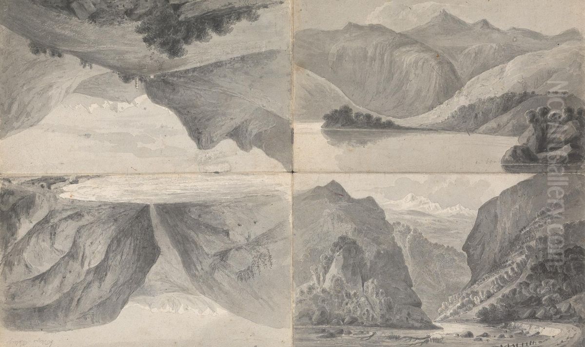 1) (ll) Lake at Davos, 2) (lr) Entrance of the Pass to Segnes, 3) (ur) Wiesen Oil Painting by Isaac Weld