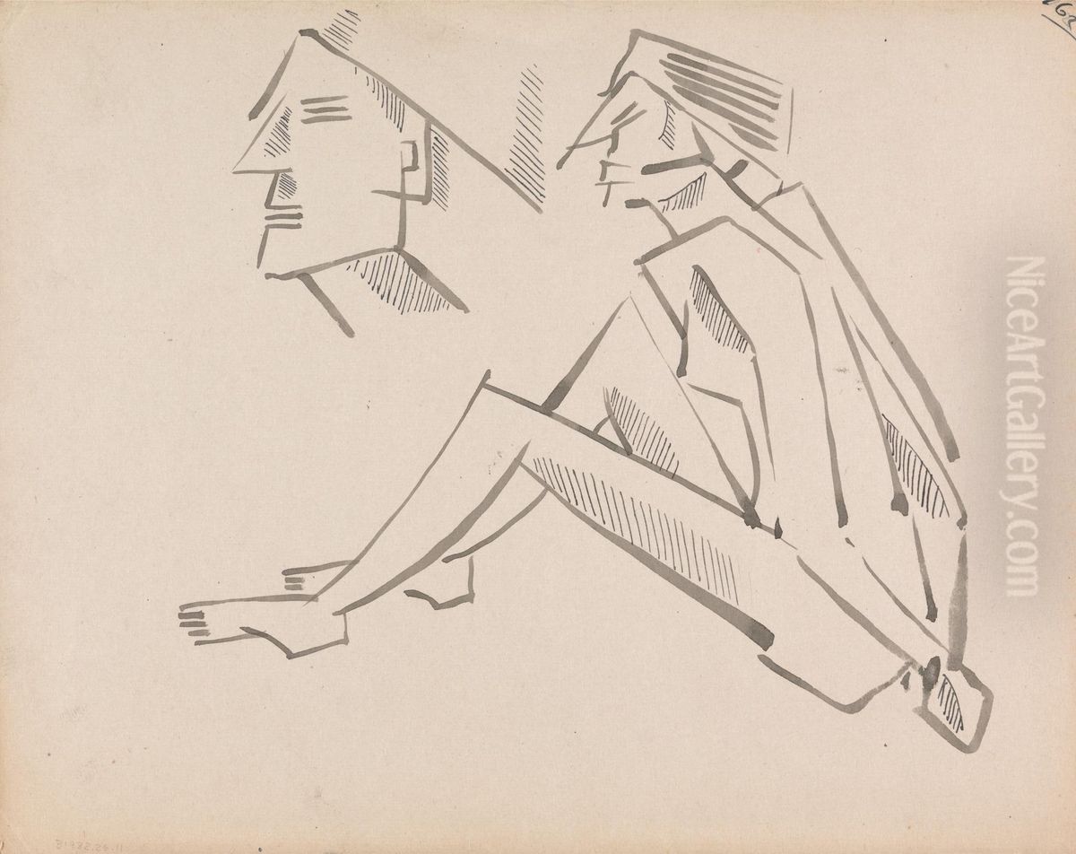Two Figure Studies Oil Painting by Henri Gaudier-Brzeska
