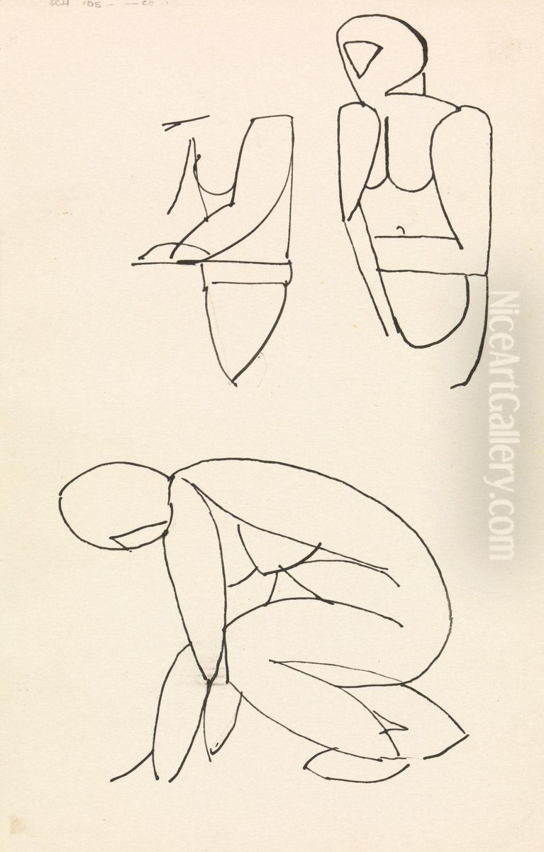 Three Figure Studies Oil Painting by Henri Gaudier-Brzeska