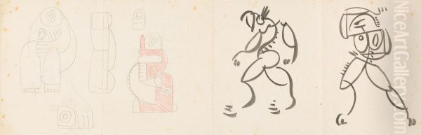 Two Dancing Figures and Five Studies for a Mother and Child Grouping Oil Painting by Henri Gaudier-Brzeska