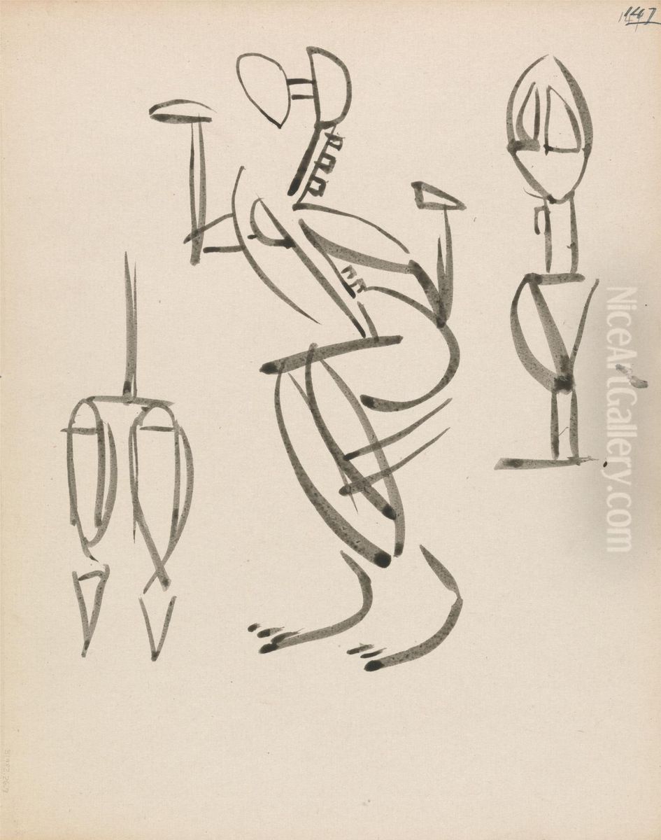 Three Figure Studies Oil Painting by Henri Gaudier-Brzeska