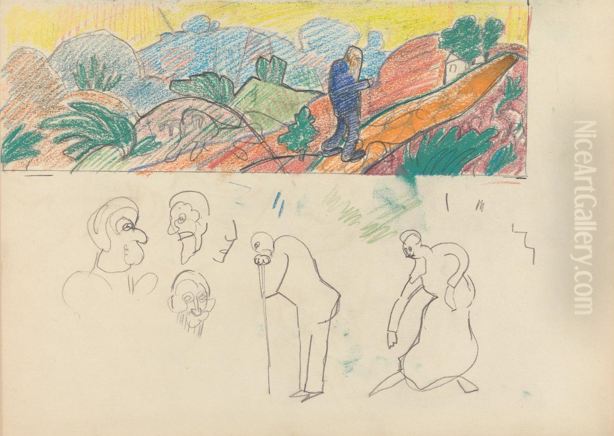 Study for a Mural Decoration, Old Man in Landscape Oil Painting by Spencer Gore