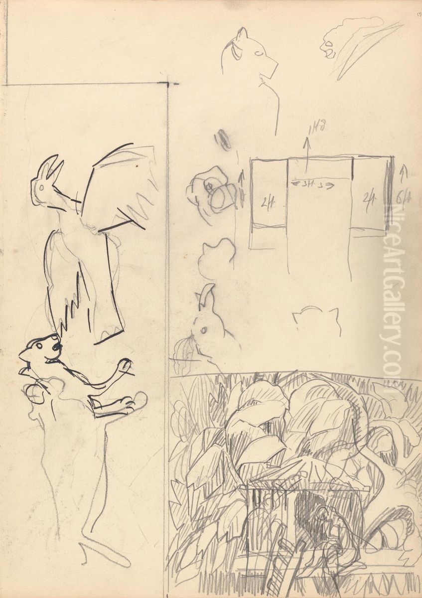 Studies of Tree Houses, Animals and Floor Plan Oil Painting by Spencer Gore