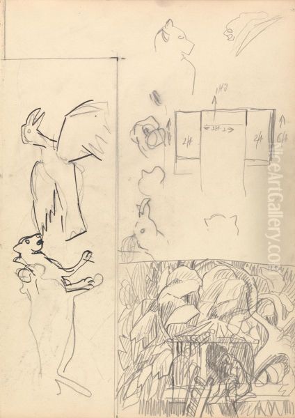 Studies of Tree Houses, Animals and Floor Plan Oil Painting by Spencer Gore