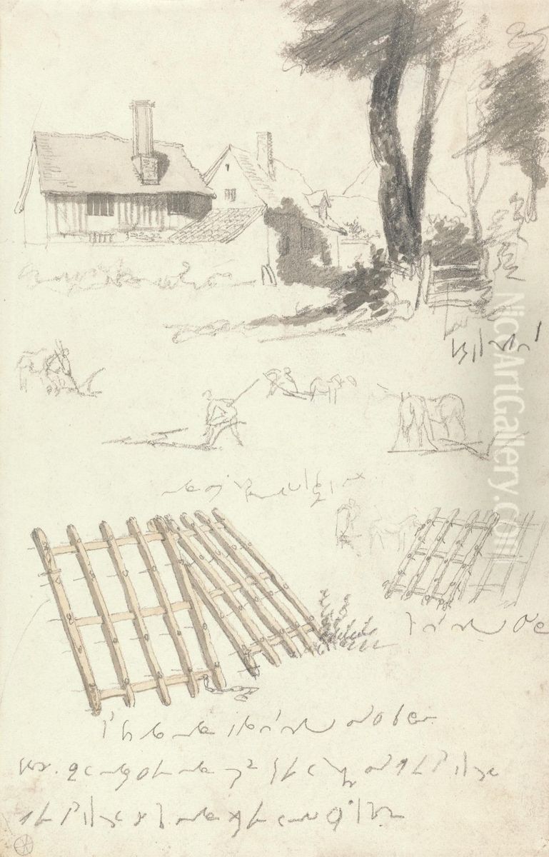 Studies of Farmhouses by a Gate, Ploughing and Harrows Oil Painting by Robert Hills