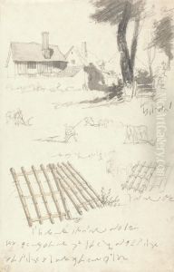 Studies of Farmhouses by a Gate, Ploughing and Harrows