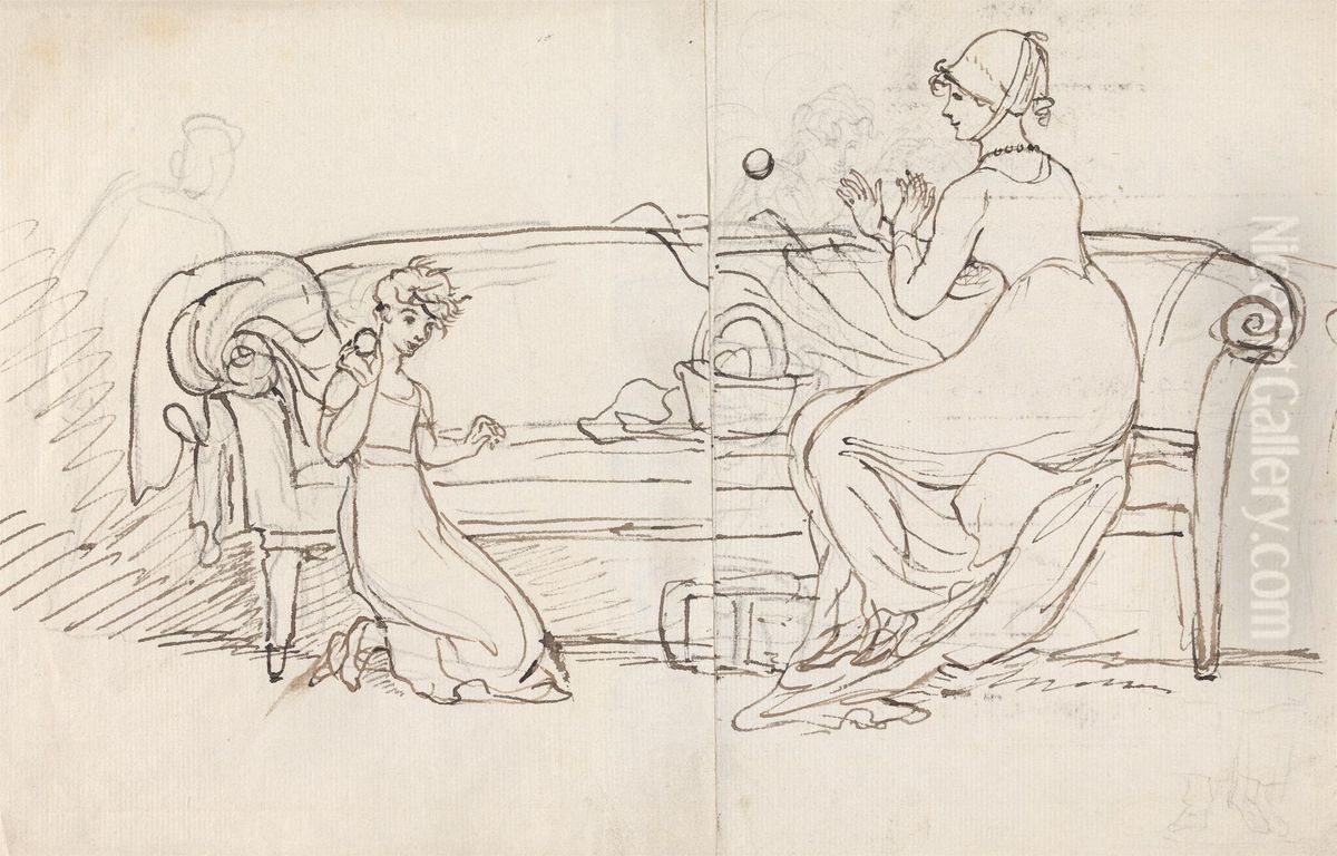 Mrs. West and Daughter Playing Catch Oil Painting by Benjamin West