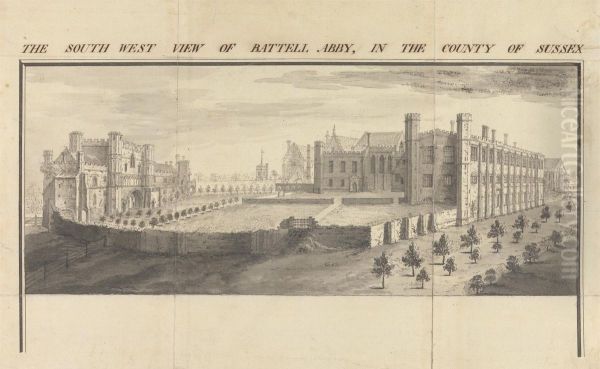The South-west View of Battle Abbey in the County of Sussex Oil Painting by Samuel Buck