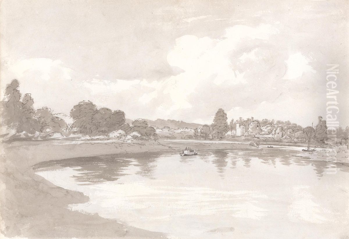 On the River Wye with Wilton Castle Ruins on a Bend in the River Oil Painting by John Glover