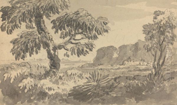 Landscape with Two Trees and Cliff Oil Painting by William Gilpin