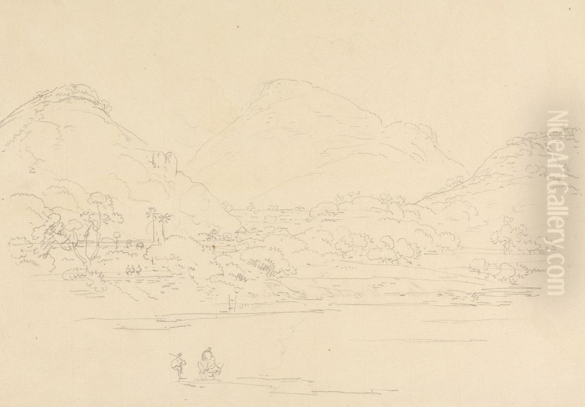 Two Men at Water's Edge in a Landscape Oil Painting by Thomas Daniell