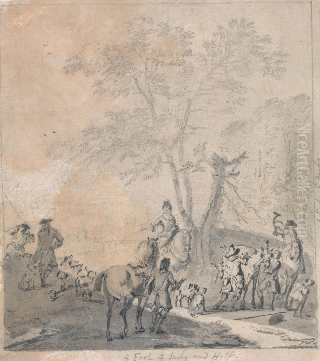 a Lady Rider Converses with a Gentleman Standing by His Horse... Oil Painting by John Wootton