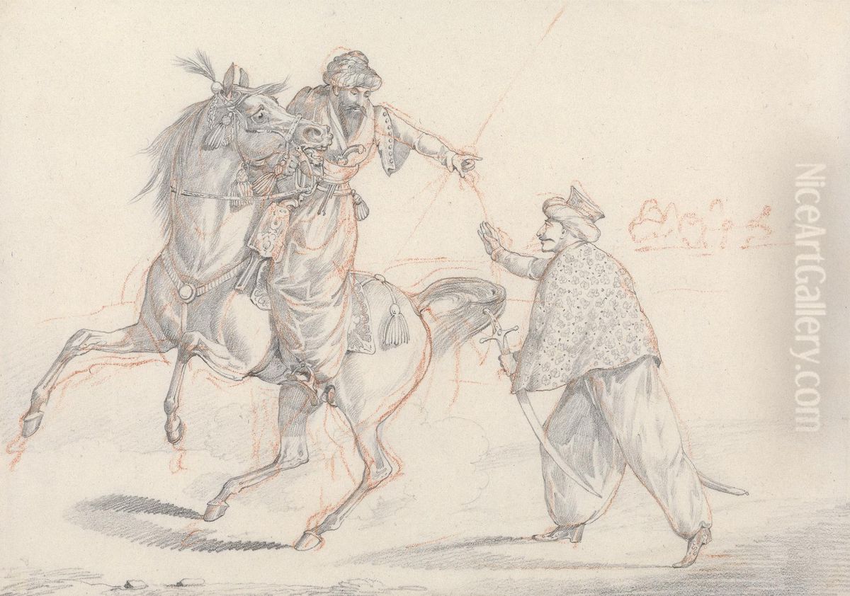 Two Mamelukes Talking, One Mounted Oil Painting by Henry Thomas Alken