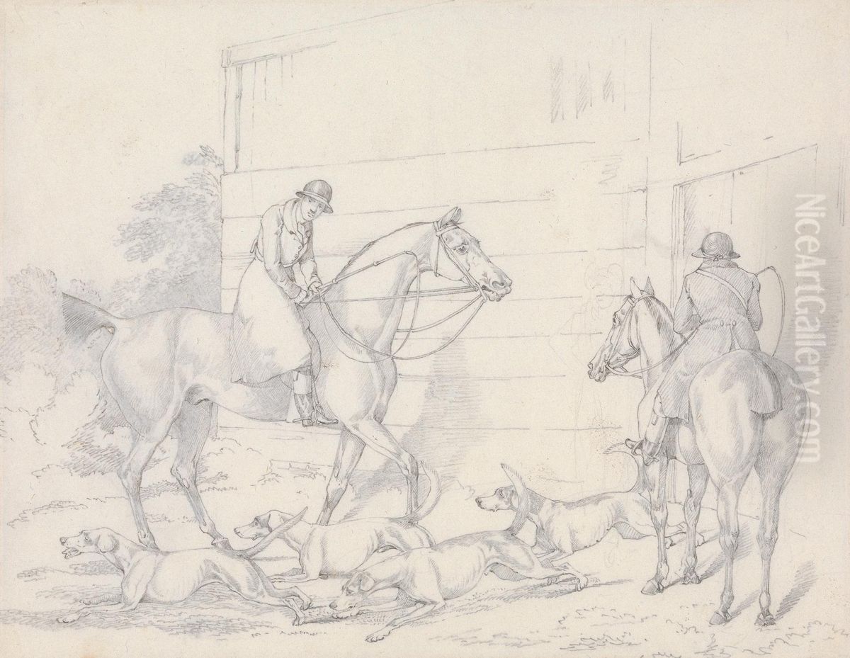 Hunting, Unkennelling with Two Riders Watching Oil Painting by Henry Thomas Alken