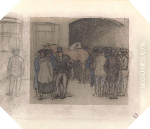 A Morning at Tattersalls (with further sketches in left margin folded over) Oil Painting by Robert Bevan