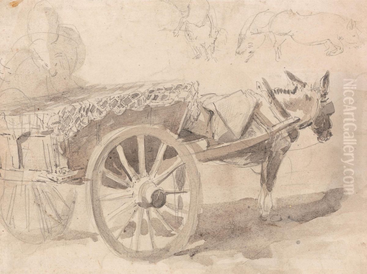 A Mule or Donkey, Harnessed to a Farm Cart, with Other Sketches at Top, Executed at or Near Canterbury, c. 1835 Oil Painting by Thomas Sidney Cooper