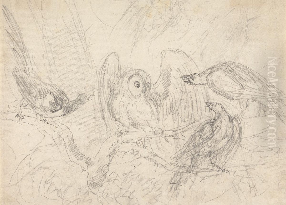 Three Pheasants Surrounding an Owl Oil Painting by Sawrey Gilpin