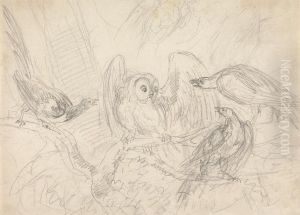 Three Pheasants Surrounding an Owl