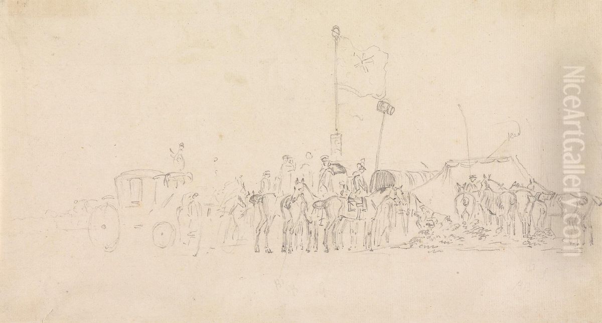A Gathering of Horsemen, With Coach, Tents, Flags, etc. (?a horse fair) Oil Painting by Sawrey Gilpin