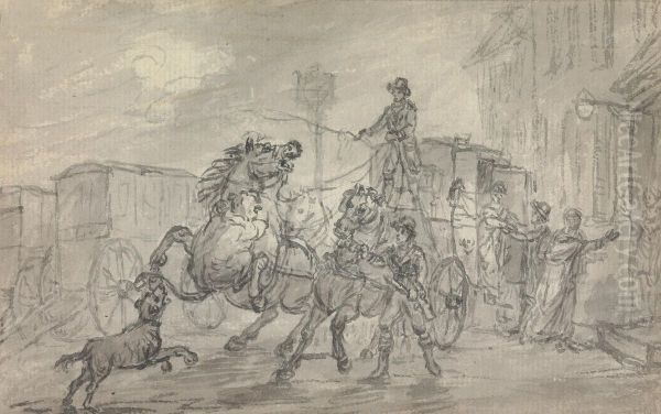 A Lioness Attacking the Off-Leader of the Exeter Mail Coach Outside the Pheasant Inn, Winterslow, on the Night of 20 October 1816 Oil Painting by Julius Caesar Ibbetson