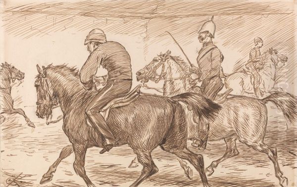 An Indoor Military Riding School With an Instructor Teaching Recruits to Trot Oil Painting by Charles Keene