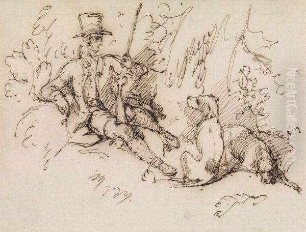 Sportsman and Two Dogs Oil Painting by Edwin Landseer
