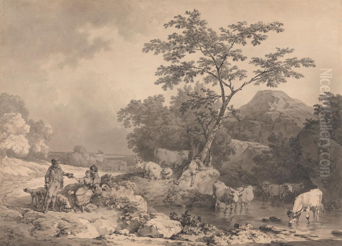 Figures by a stream with cattle watering Oil Painting by Philip James de Loutherbourg