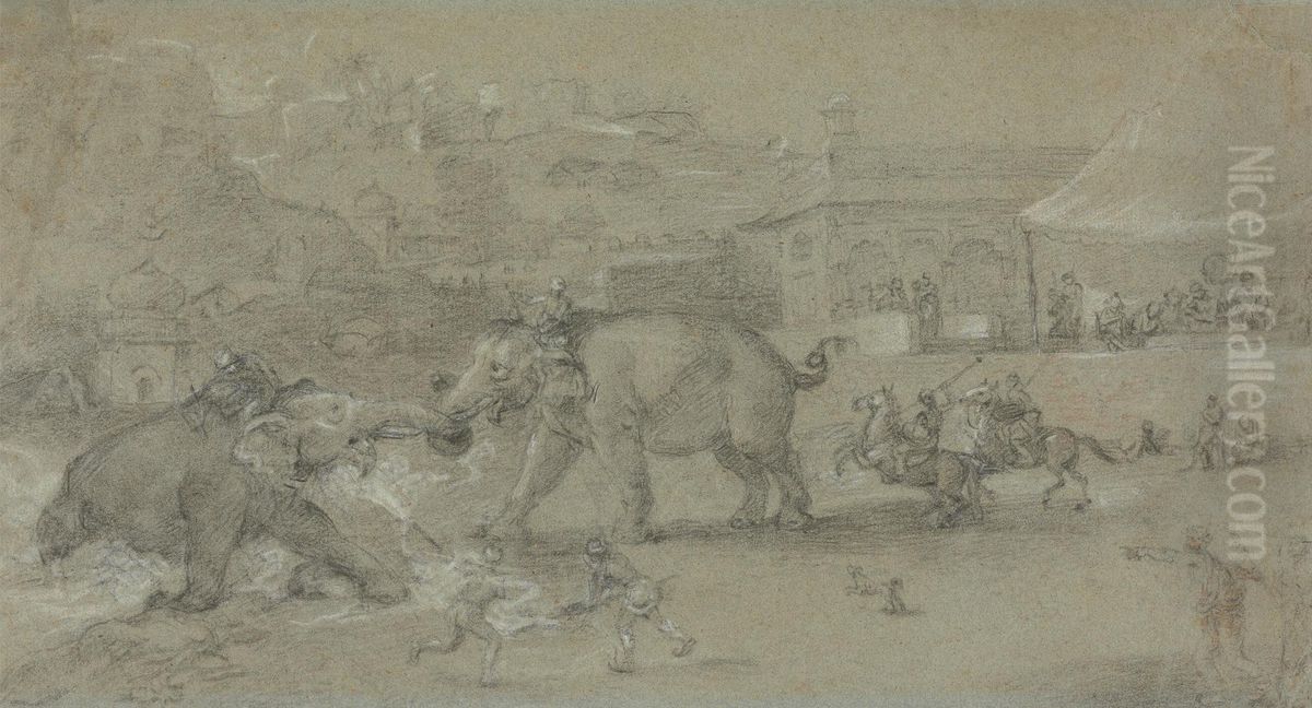 Elephants Fighting Oil Painting by Johann Zoffany
