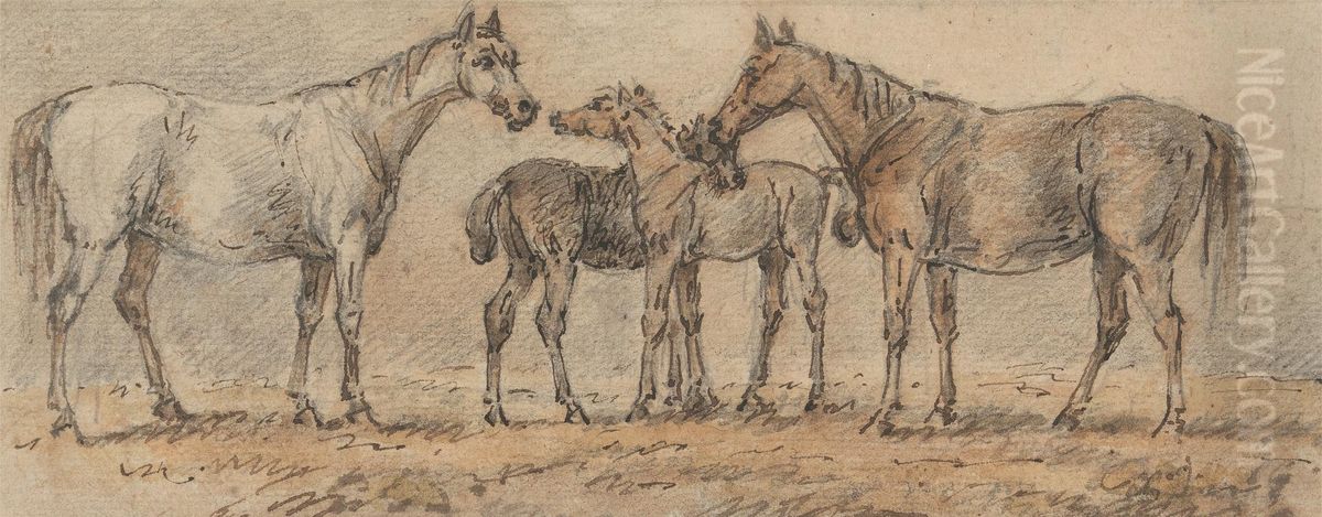 Two Mares with their Foals Oil Painting by Sawrey Gilpin