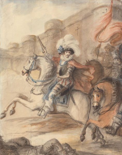 A Cavalry Officer (Henry IV) Leading a Charge Outside a Castle Oil Painting by Henry Bunbury