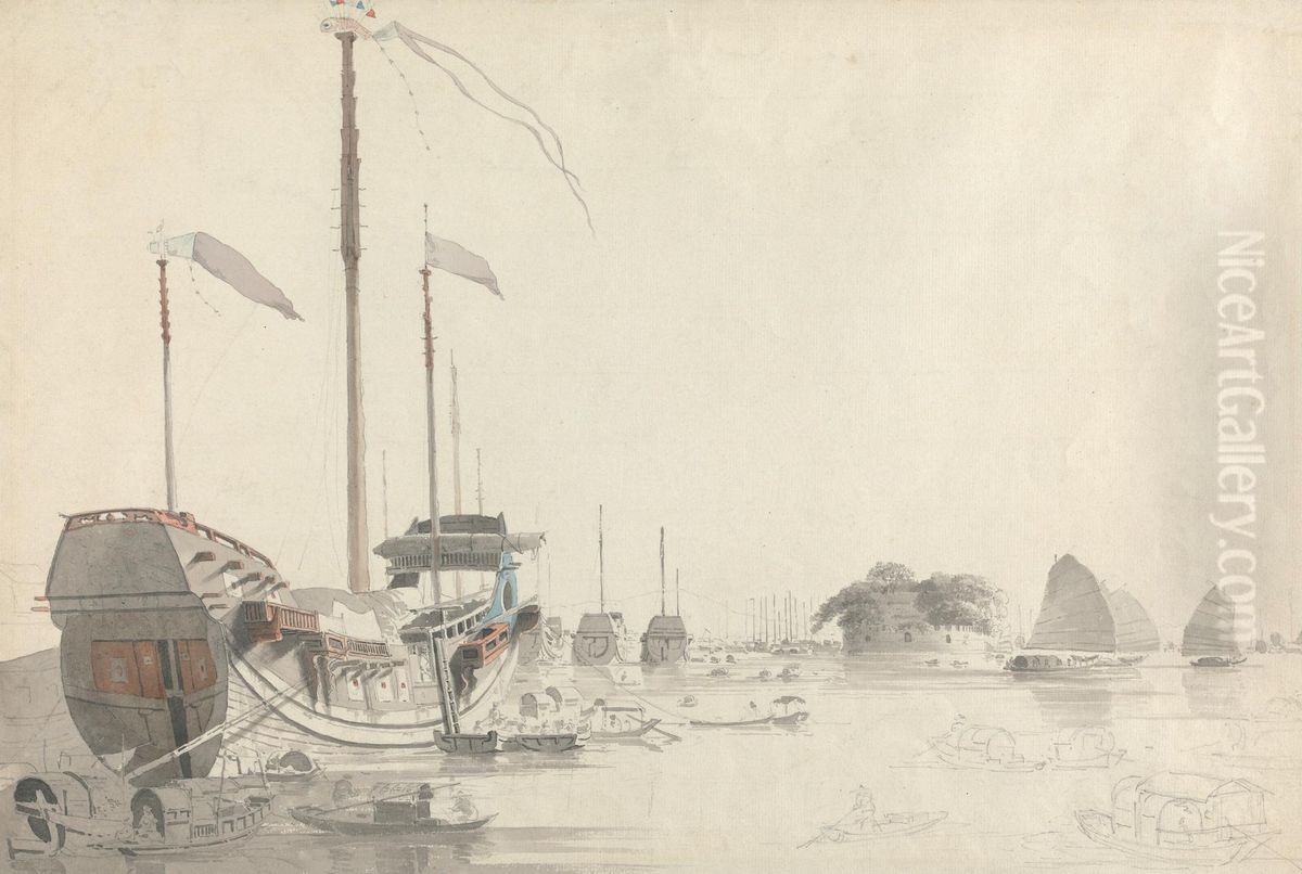 Boats near a Dutch Folly Fort, Canton Oil Painting by Thomas Daniell