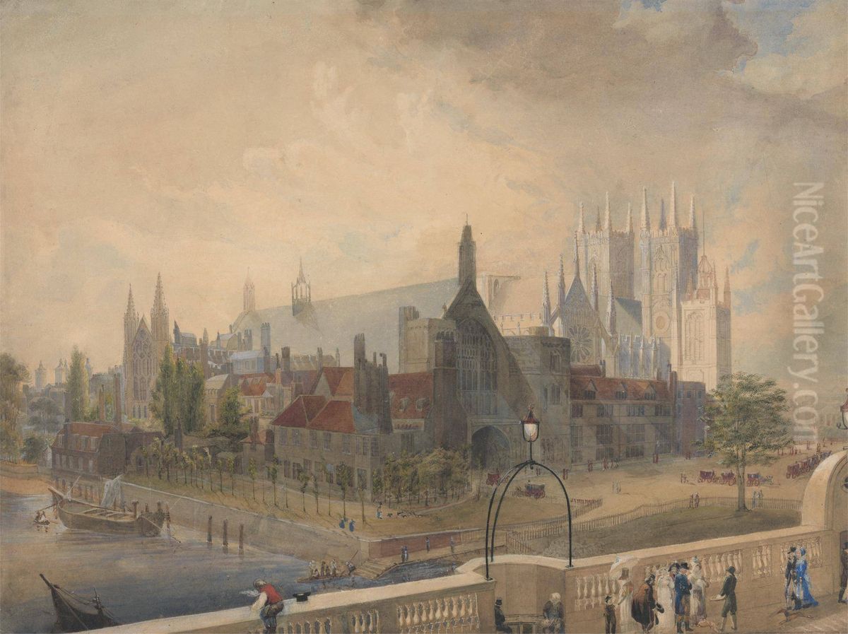 View of Westminster Hall and Abbey from the Bridge Oil Painting by John Gendall