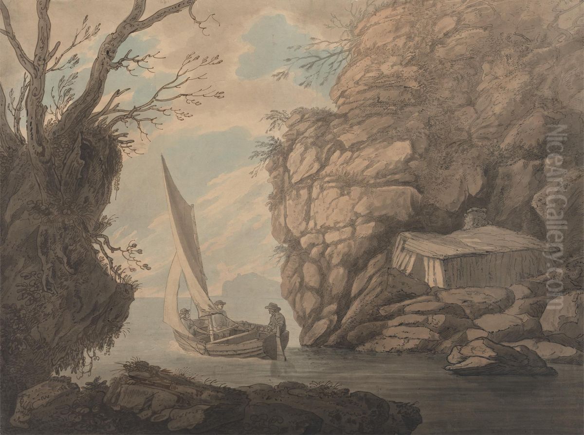 A Sailing Dinghy with Three Men Leaving a Rocky Inlet Oil Painting by Joseph Farington