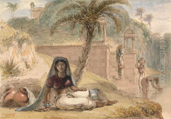 Indian Girl Seated by a River Oil Painting by William Daniell