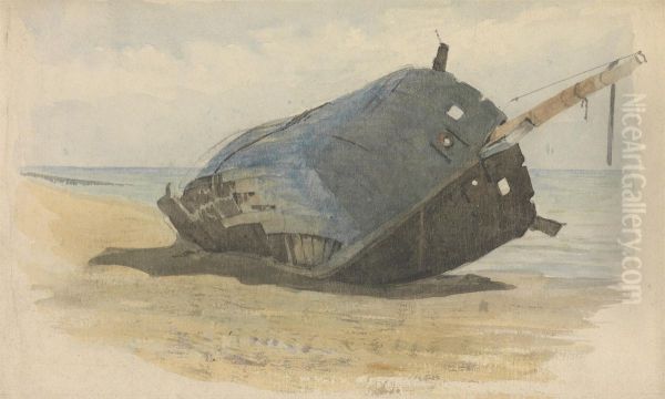 Hulk aground on beach Oil Painting by Edward Duncan