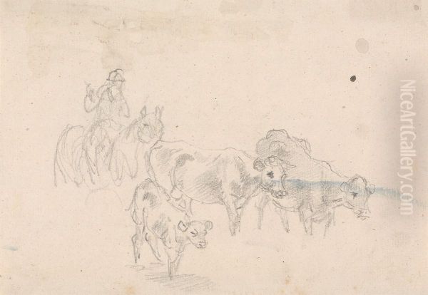Study of cattle with a calf in foreground Oil Painting by Sawrey Gilpin