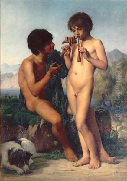 The flute lesson Oil Painting by Jules-Elie Delaunay