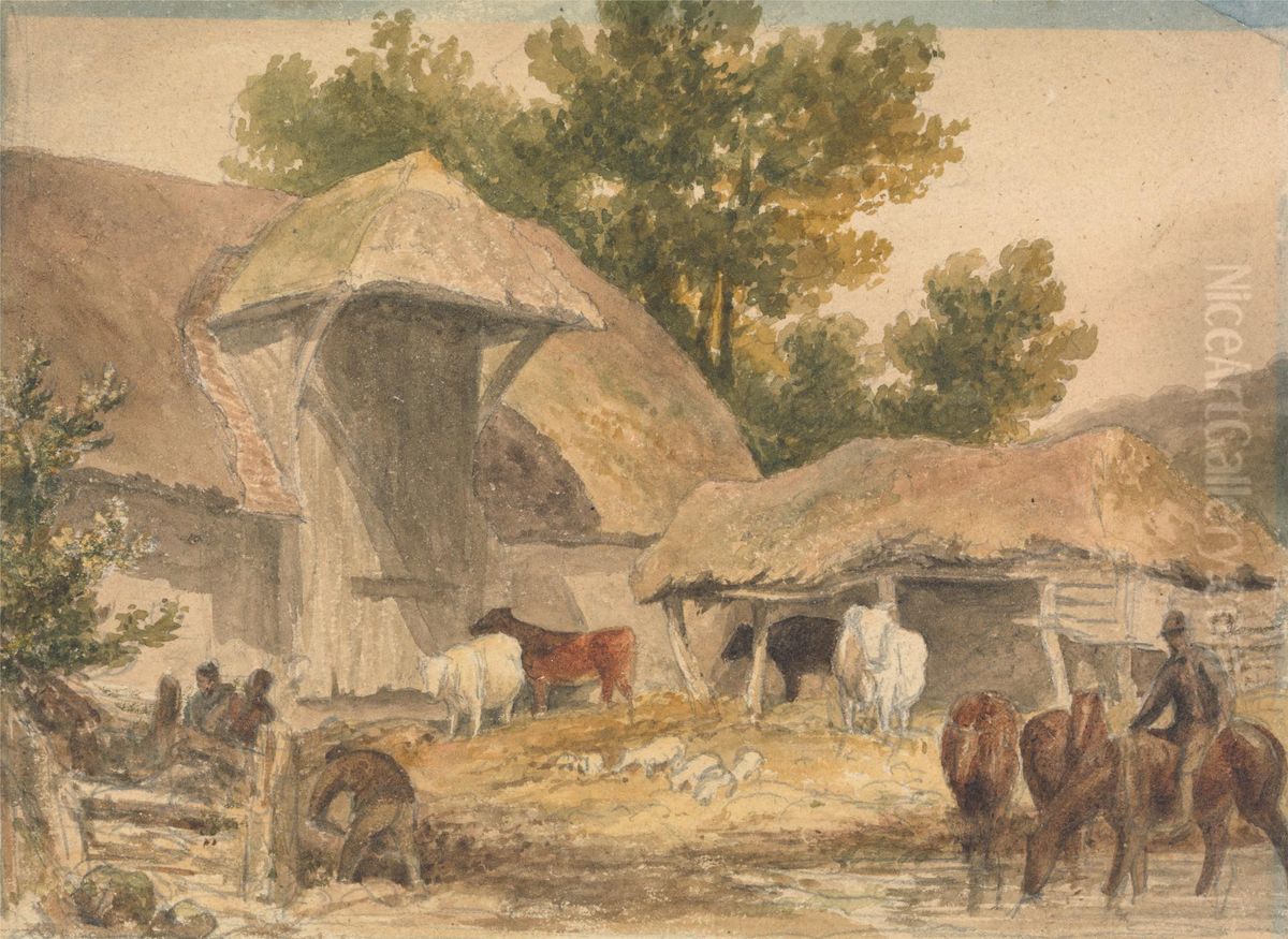 Farmyard with Horses Waiting Oil Painting by Robert Hills