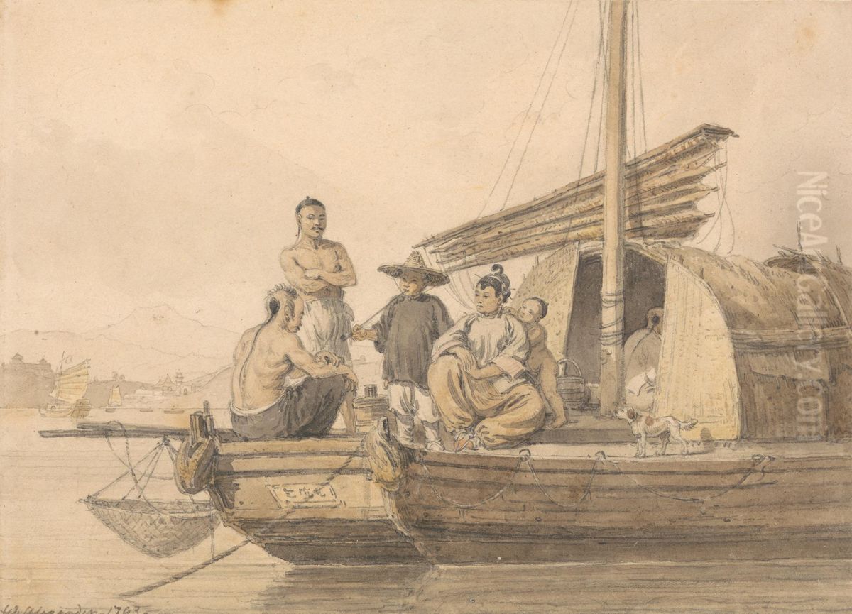 Fisherpeople on a Junk Oil Painting by William Alexander
