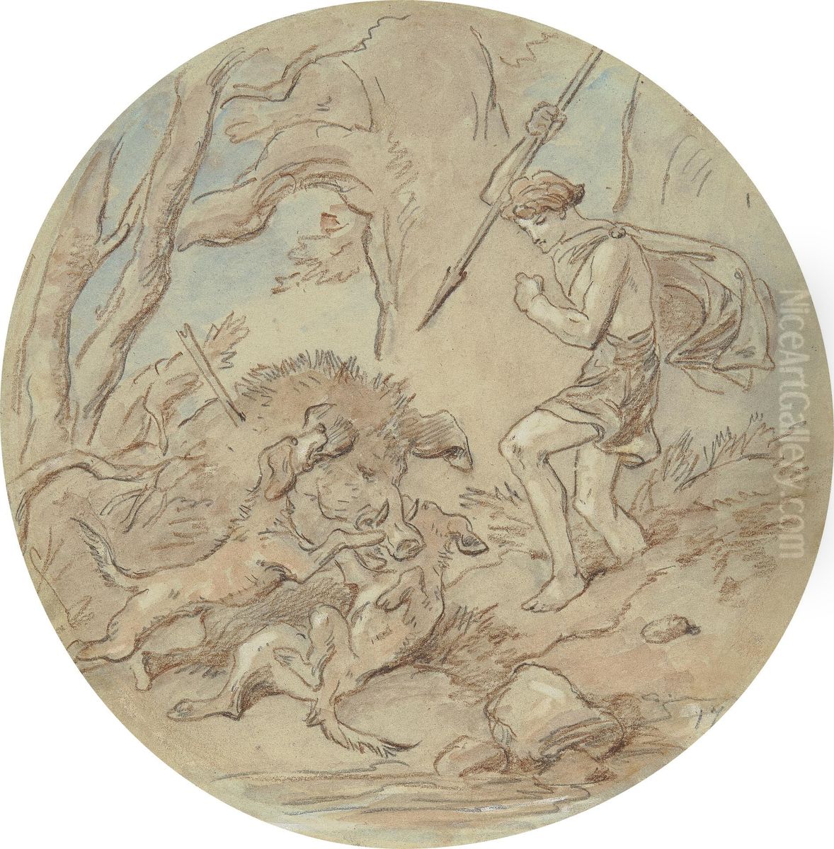 One of eighteen designs for a series of plates illustrating Venus and Adonis Oil Painting by Hablot Knight Browne