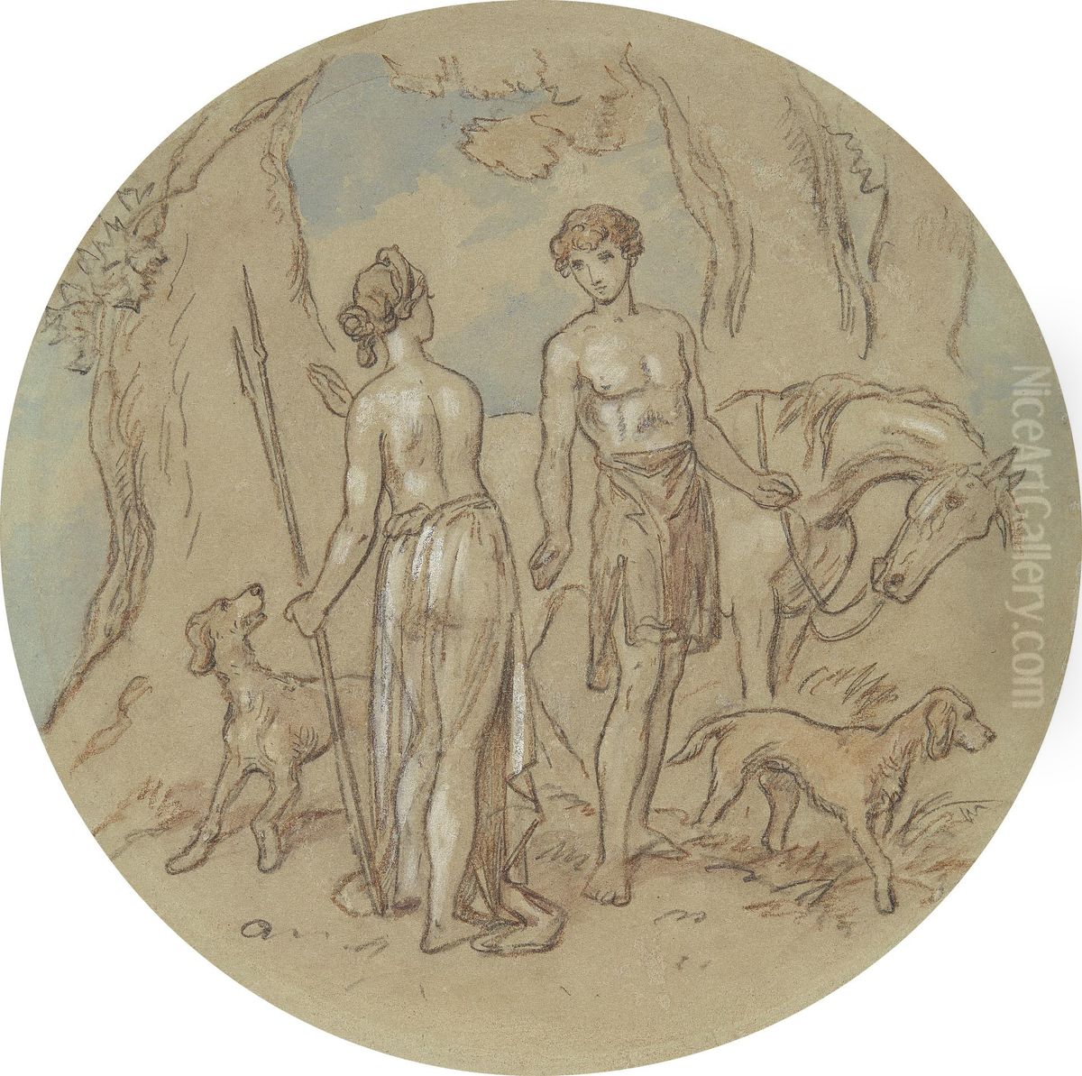 One of eighteen designs for a series of plates illustrating Venus and Adonis Oil Painting by Hablot Knight Browne