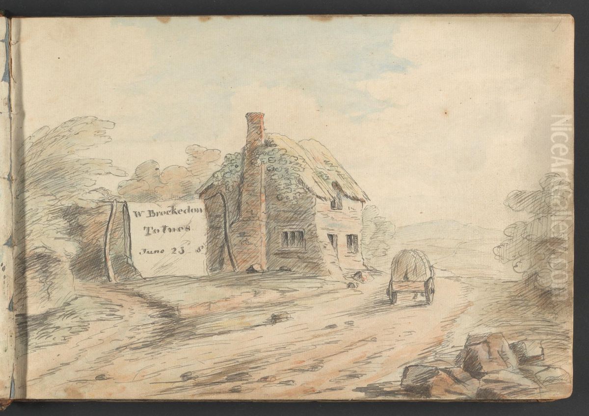 Landscape with Hamlet and Cart Oil Painting by William Brockedon