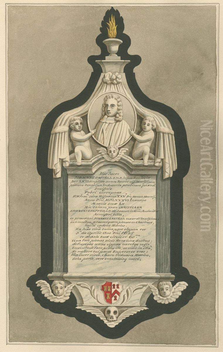 Memorial to Joannes Castell and Christina Samsoni Sheffield from Greenford Church Oil Painting by Daniel Lysons
