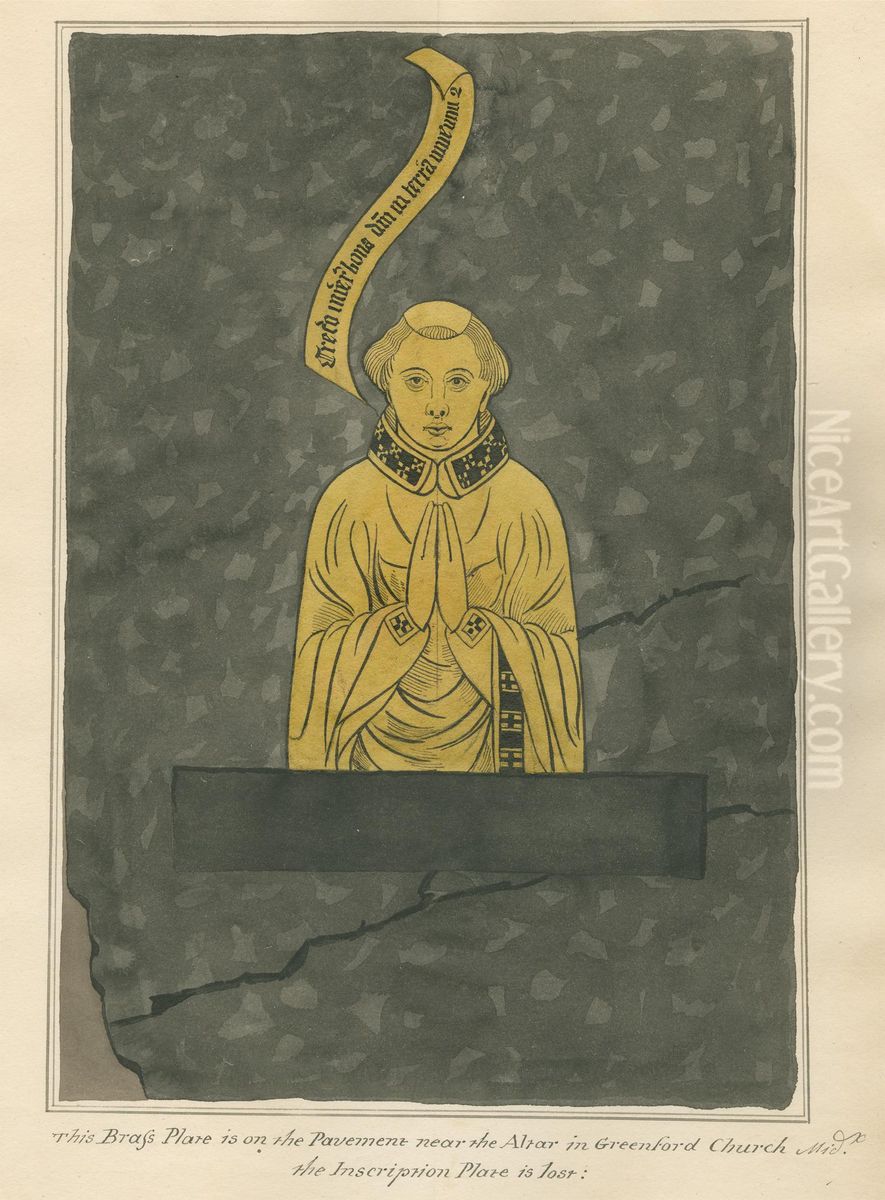 Brass Plate, unidentified from Greenford Church Oil Painting by Daniel Lysons