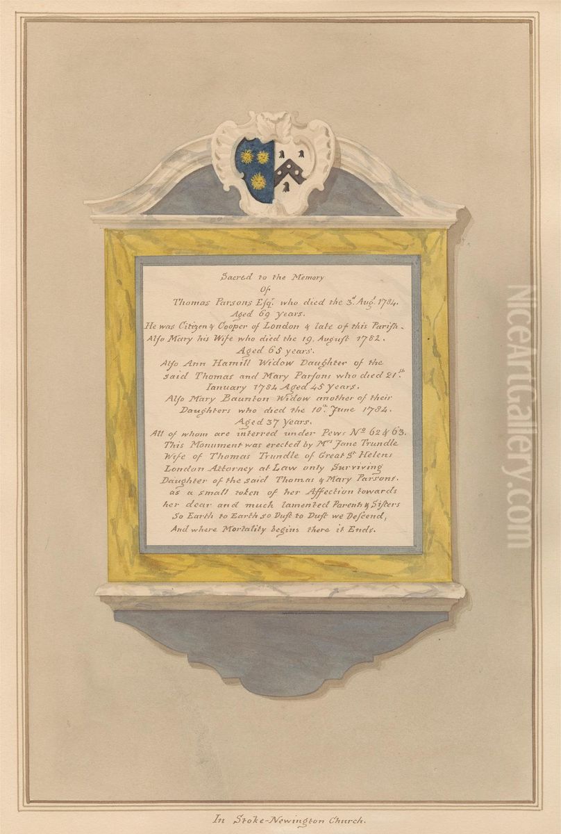 Memorial to Thomas Parsons, his Wife Mary and their Daughters, Ann Hamill and Mary Baunton form Stoke Newington Church Oil Painting by Daniel Lysons