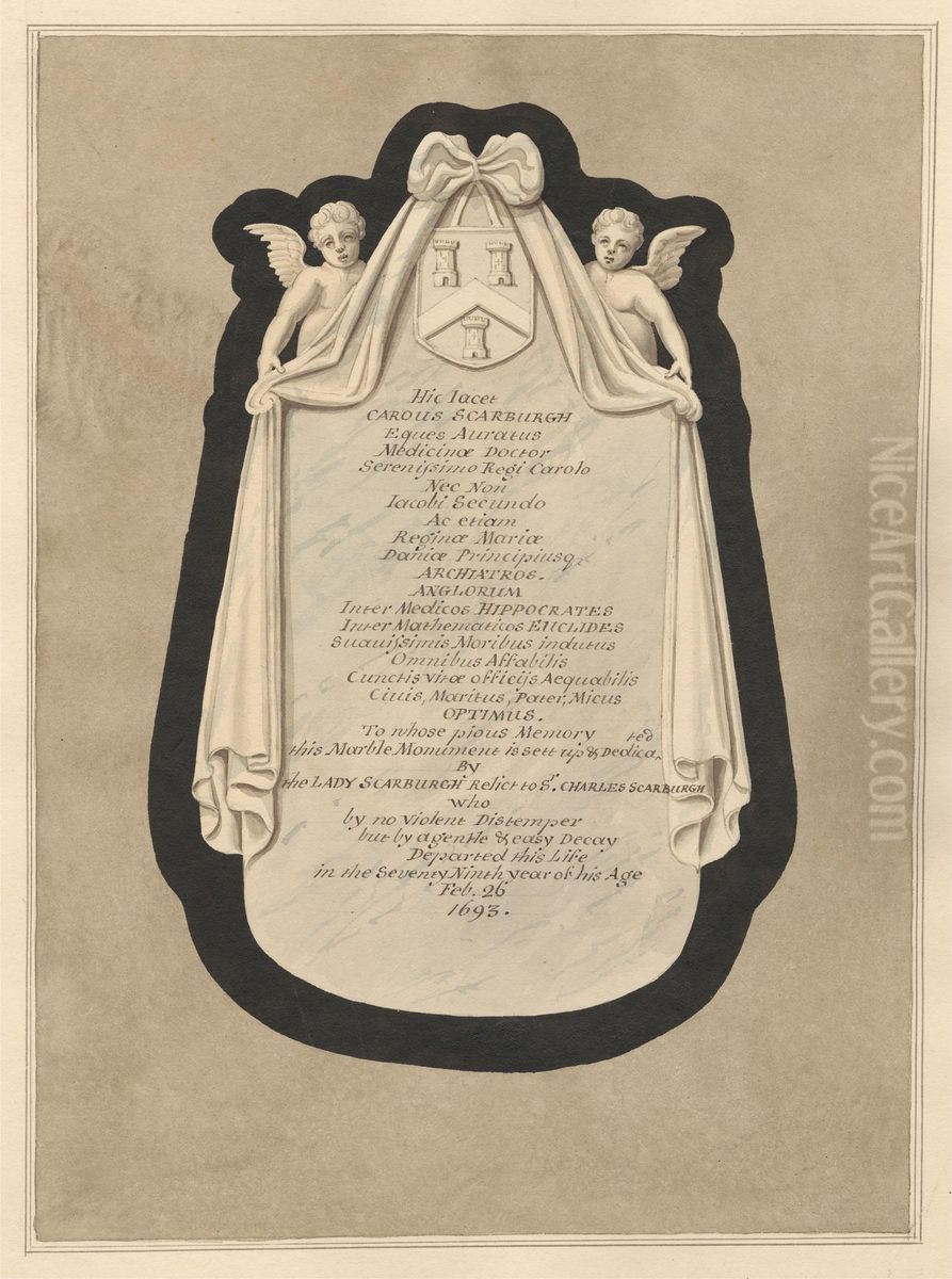 Memorial to Carous Scarburgh from Cranford Church Oil Painting by Daniel Lysons