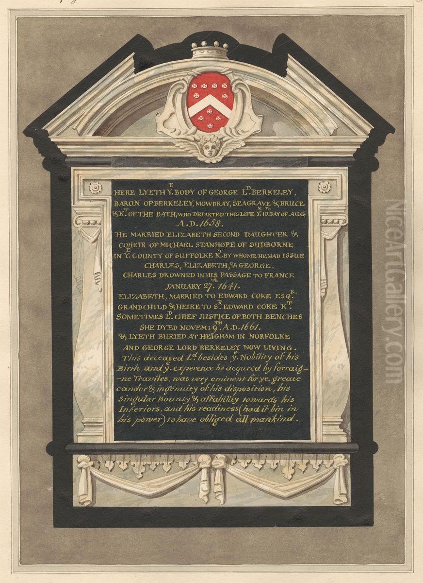 Memorial to George Lord Berkeley from Cranford Church Oil Painting by Daniel Lysons