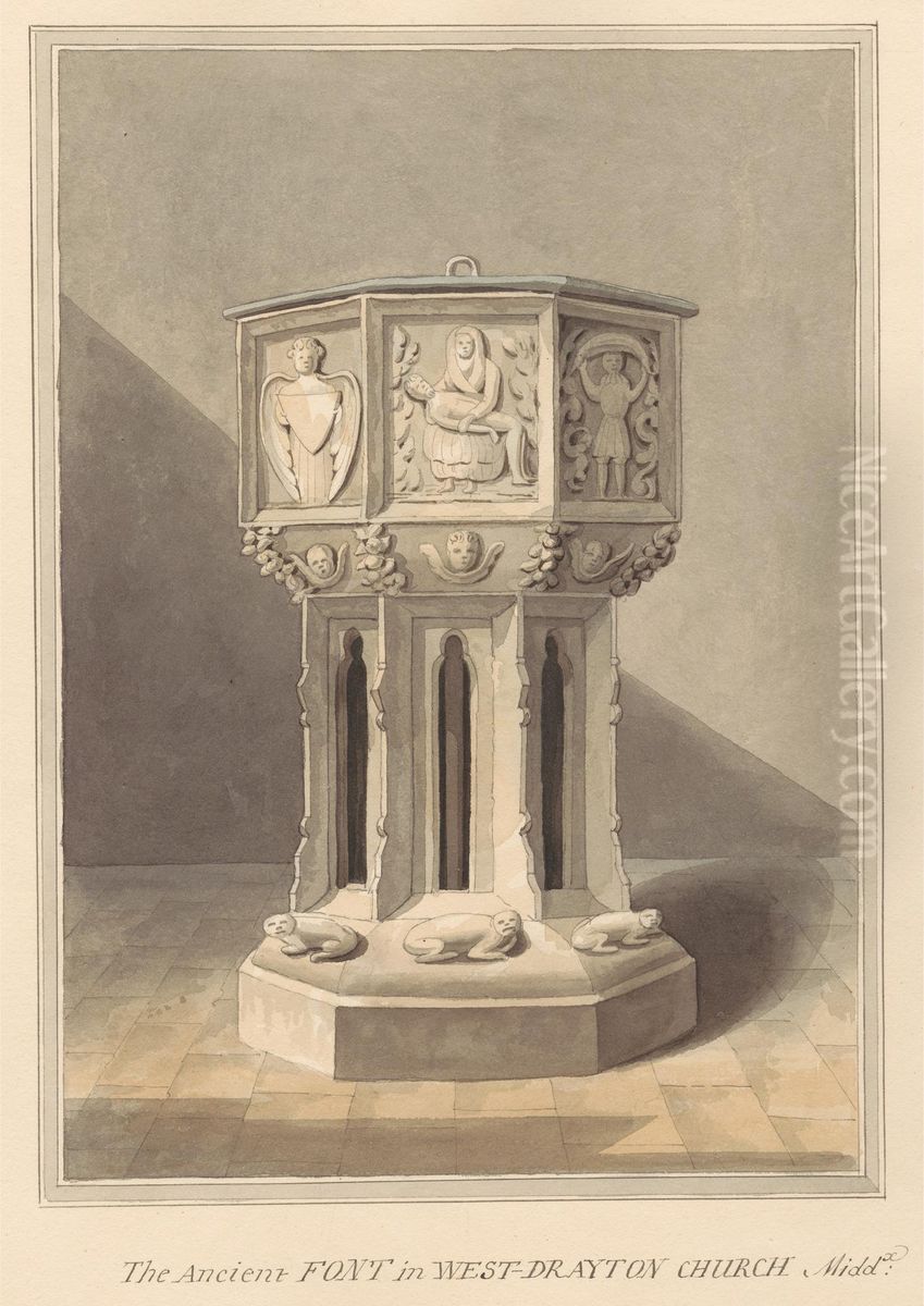 Ancient Font in West Drayton Church, Middlesex Oil Painting by Daniel Lysons