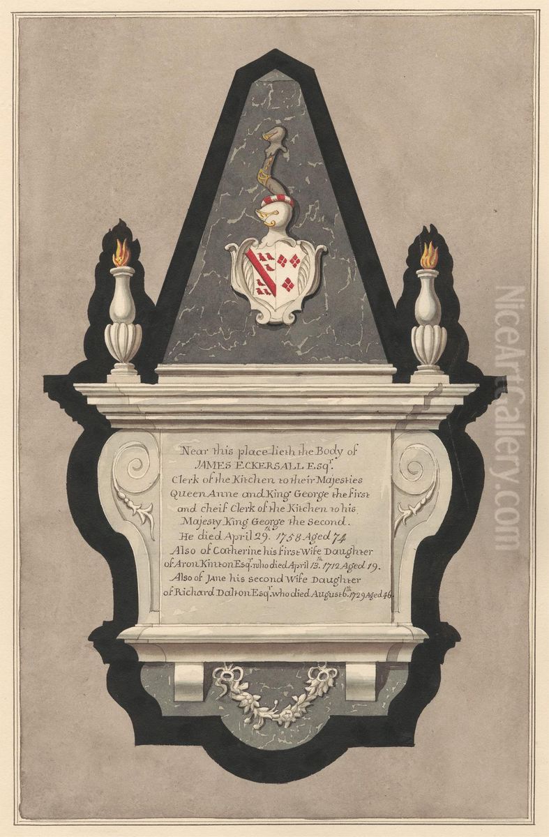 Memorial to James Eckersall and his wife Catherine and his second wife Catherine and his second wife Jane from Drayton Church Oil Painting by Daniel Lysons